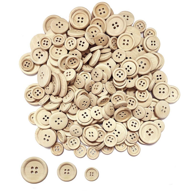 Juland 200 PCS Mixed Wooden Buttons in Bulk Round Decorative Wood Buttons 4 Holes for Crafts Scrapbooking or Sewing and DIY Craft - 15  20  25mm - Image 1